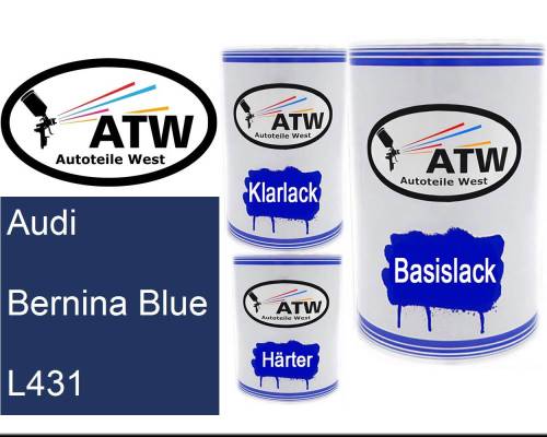 Audi, Bernina Blue, L431: 500ml Lackdose + 500ml Klarlack + 250ml Härter - Set, von ATW Autoteile West.